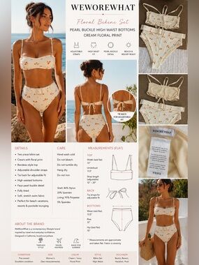 WeWoreWhat Floral Bikini Set Pearl Buckle High Waist Bottoms Cream Women’s Small